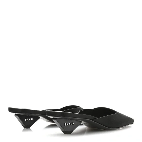 PRADA Satin Triangle Heel Mules Black Square Toe Kitten Heel IT 40 US 10 Slides - Picture 2 of 13